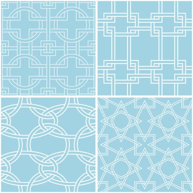 Geometrik desenler. Mavi ve beyaz sorunsuz arka planlar kümesi. Vektör çizim