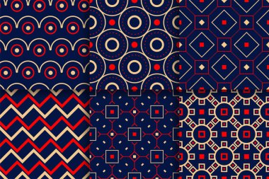 Kesintisiz geometrik desenler. Tekstil, kumaş veya duvar kağıtları için renkli arka planlar topluluğu