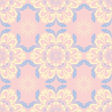 Pembe çiçek seamless modeli ile duvar kağıdı, Tekstil ve kumaş için ışık mavi ve sarı çiçek öğeleri