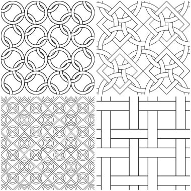 Geometrik desenler. Siyah beyaz tek renkli kesintisiz arka planlar kümesi. Vektör çizim