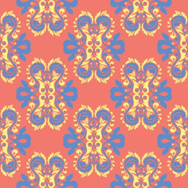 Çiçek tasarım seamless modeli. Duvar kağıtları ve kumaşlar için somon kırmızı zemin üzerine parlak sarı ve mavi çiçek öğeleri