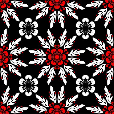 Çiçek seamless modeli. Duvar kağıtları, Tekstil ve kumaş için siyah kırmızı ve beyaz arka plan.