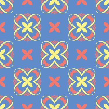 Çiçek tasarım ile mavi seamless modeli. Renkli arka plan duvar kağıtları, Tekstil ve kumaş için kırmızı sarı çiçek öğeleri ile