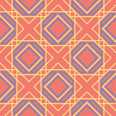 Geometrik seamless modeli. Parlak kırmızı bir arka plan duvar kağıtları, Tekstil ve kumaş için mavi ve sarı tasarımı ile