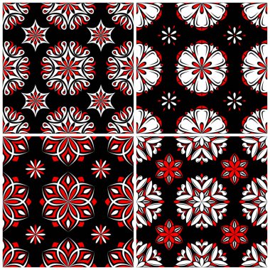 Sorunsuz arka planlar. Siyah beyaz ve kırmızı klasik duvar kağıtları, Tekstil ve kumaş çiçek desenleri ile ayarlar