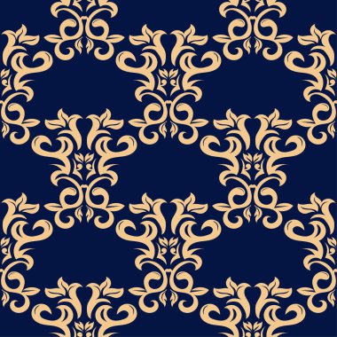 Koyu mavi zemin üzerine altın çiçek tasarım. Tekstil ve duvar kağıtları için seamless modeli