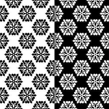 Siyah ve beyaz çiçek arka planlar. Tekstil ve duvar kağıtları için dikişsiz desen seti