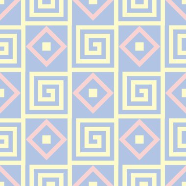 Mavi geometrik seamless modeli. Arka plan bej ve pembe öğeler duvar kağıtları, Tekstil ve kumaş için