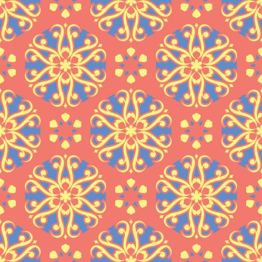 Çiçek tasarım seamless modeli. Duvar kağıtları ve kumaşlar için somon kırmızı zemin üzerine parlak sarı ve mavi çiçek öğeleri