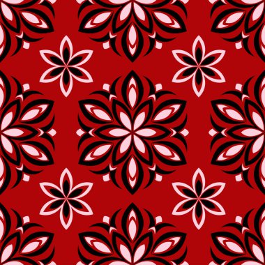 Sorunsuz kırmızı arka plan siyah ve beyaz tasarım öğeleri ile. Desen duvar kağıtları, Tekstil ve kumaş için