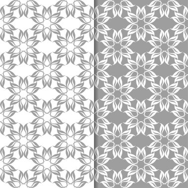 Beyaz ve gri çiçek süs tasarımlar. Tekstil ve duvar kağıtları için dikişsiz desen seti