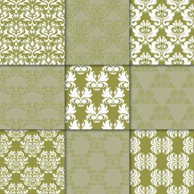 Zeytin Yeşil çiçekli süsler. Kağıt için dikişsiz desen koleksiyonu Tekstil