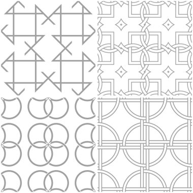 Geometrik desenler. Işık gri ve beyaz sorunsuz arka planlar kümesi. Vektör çizim