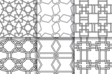Kesintisiz geometrik desenler. Tekstil, kumaş veya duvar kağıtları için koleksiyon siyah ve beyaz arka plan