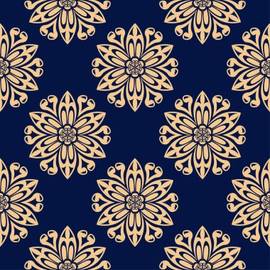 Koyu mavi zemin üzerine altın çiçek öğe. Tekstil ve duvar kağıtları için seamless modeli