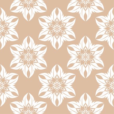 Bej renkli arka plan üzerinde beyaz çiçek süsleme. Tekstil ve duvar kağıtları için seamless modeli