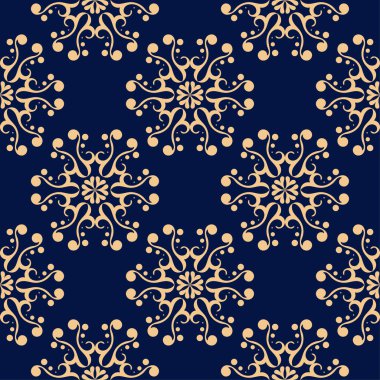 Koyu mavi zemin üzerine altın çiçek süsleme. Tekstil ve duvar kağıtları için seamless modeli