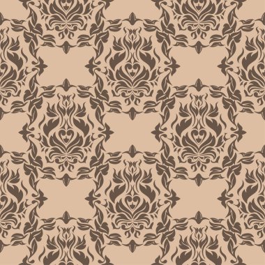 Bej renkli arka plan üzerinde koyu kahverengi çiçek süsleme. Tekstil ve duvar kağıtları için seamless modeli