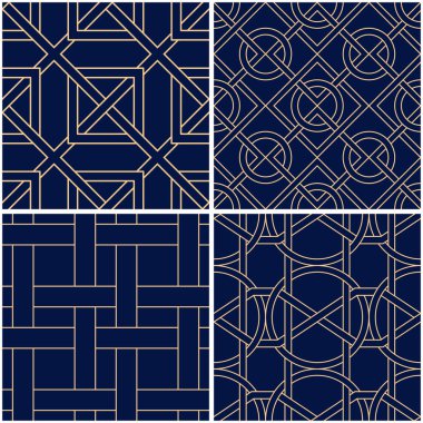 Geometrik desenler. Altın mavi sorunsuz arka planlar kümesi. Vektör çizim