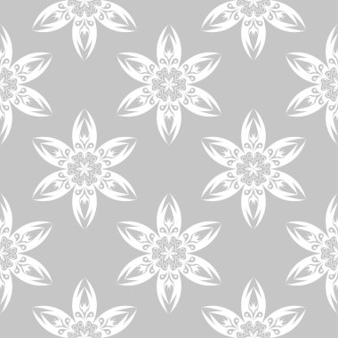 Gri arka plan üzerinde beyaz çiçekler. Tekstil ve duvar kağıtları için süs seamless modeli