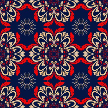 Çiçek sorunsuz arka plan. Duvar kağıtları, Tekstil ve kumaş için mavi arka plan üzerinde kırmızı ve bej çiçek öğeleri