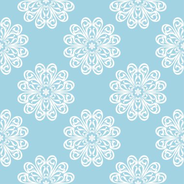 Mavi zemin üzerine beyaz çiçek süsleme. Tekstil ve duvar kağıtları için seamless modeli