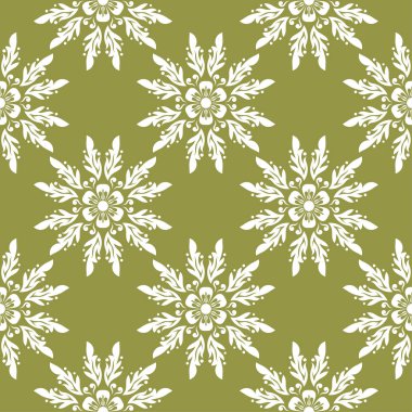 Zeytin yeşil zemin üzerine beyaz çiçek süsleme. Tekstil ve duvar kağıtları için seamless modeli