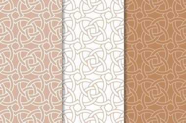 Kahverengi ve beyaz geometrik süsler. Web, Tekstil ve duvar kağıtları için dikişsiz desen seti