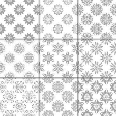 Gri ve beyaz çiçekli süsler. Kağıt için tarafsız Dikişsiz desen koleksiyonu Tekstil