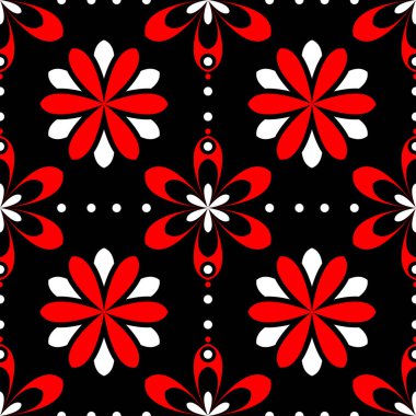 Sorunsuz çiçek desenli. Siyah arka plan üzerinde öğeleri kırmızı ve beyaz.