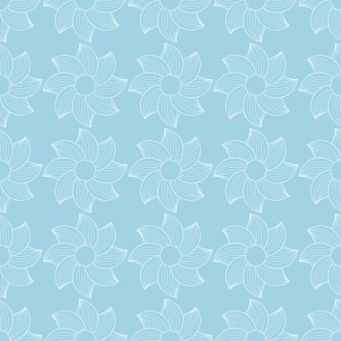 Mavi zemin üzerine beyaz çiçek desenli. Tekstil ve duvar kağıtları için sorunsuz süsleme