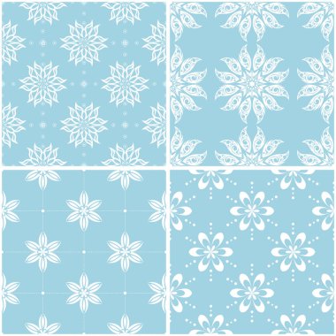 Çiçek desenleri. Mavi ve beyaz sorunsuz arka planlar kümesi. Vektör çizim