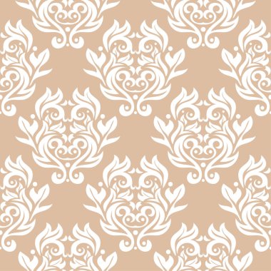 Bej renkli arka plan üzerinde beyaz çiçek süsleme. Tekstil ve duvar kağıtları için seamless modeli