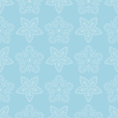 Mavi zemin üzerine beyaz çiçek süsleme. Tekstil ve duvar kağıtları için seamless modeli