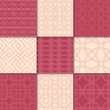 Kiraz kırmızı ve bej geometrik süsler. Web, Tekstil ve duvar kağıtları için dikişsiz desen koleksiyonu