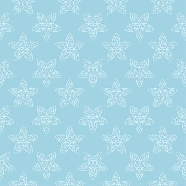 Mavi zemin üzerine beyaz çiçek desenli. Tekstil ve duvar kağıtları için sorunsuz süsleme