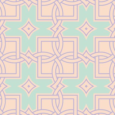 Geometrik tasarım ile Seamless modeli. Soluk pembe bir arka plan üzerinde öğeleri mor ve mavi. Kumaş ve duvar kağıtları için