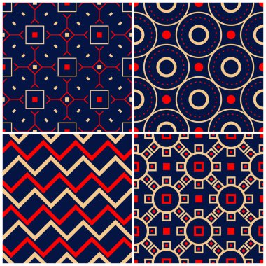 Sorunsuz arka planlar. Mavi klasik bej ve kırmızı duvar kağıtları, Tekstil ve kumaş için geometrik desenlerle ayarlar