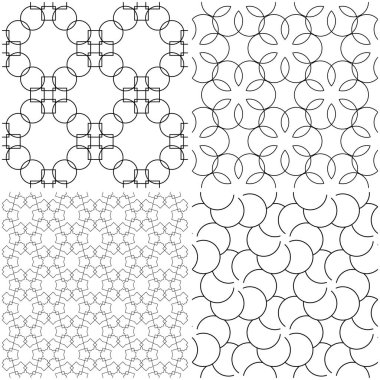 Geometrik desenler. Siyah beyaz tek renkli kesintisiz arka planlar kümesi. Vektör çizim