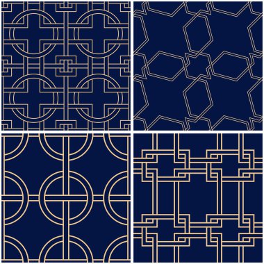 Geometrik desenler. Altın mavi sorunsuz arka planlar kümesi. Vektör çizim