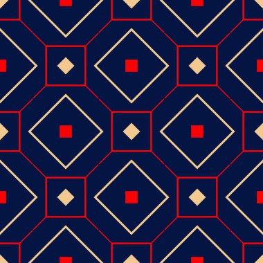 Geometrik seamless modeli. Duvar kağıtları, Tekstil ve kumaş için mavi arka plan üzerinde renkli kırmızı ve bej tasarım