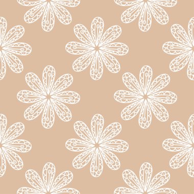 Bej renkli arka plan üzerinde beyaz çiçek süsleme. Tekstil ve duvar kağıtları için seamless modeli