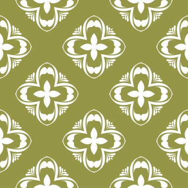 Zeytin yeşil zemin üzerine beyaz çiçek süsleme. Tekstil ve duvar kağıtları için seamless modeli