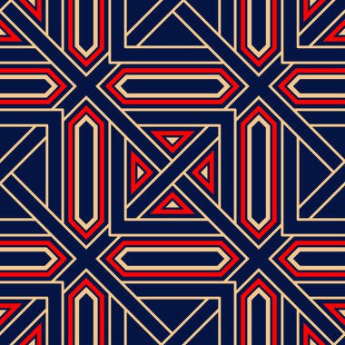 Geometrik mavi sorunsuz arka plan. Kırmızı ve bej renkli desen duvar kağıtları, Tekstil ve kumaş için