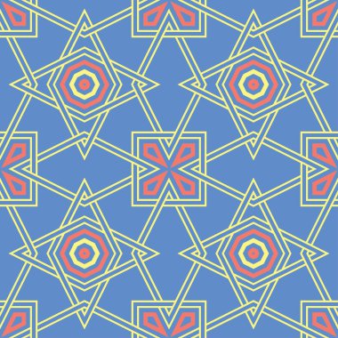 Geometrik mavi seamless modeli. Arka plan duvar kağıtları, Tekstil ve kumaş için kırmızı ve sarı tasarımı ile çok renkli