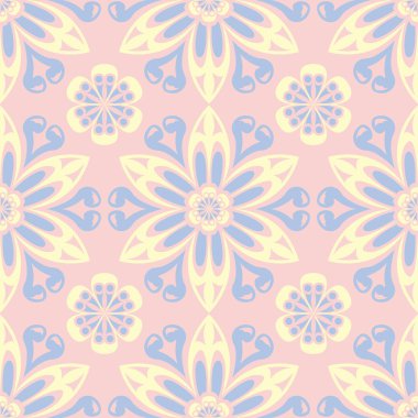 Çiçek soluk pembe sorunsuz bir arka plan. Çiçek desenli duvar kağıtları, Tekstil ve kumaş için ışık mavi ve sarı öğeler