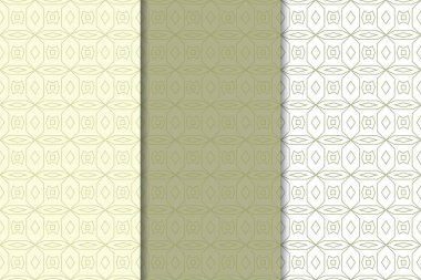 Zeytin yeşili ve beyaz geometrik süsler. Web, Tekstil ve duvar kağıtları için dikey Dikişsiz desen seti