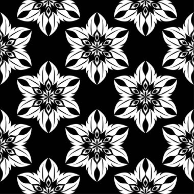 Siyah arka plan üzerine beyaz çiçek süsleme. Tekstil ve duvar kağıtları için seamless modeli