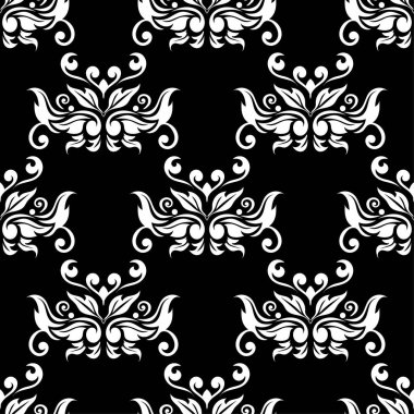 Siyah arka plan üzerine beyaz çiçek süsleme. Tekstil ve duvar kağıtları için seamless modeli