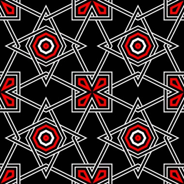 Geometrik seamless modeli. Duvar kağıtları, Tekstil ve kumaş için siyah arka plan üzerinde öğeleri kırmızı ve beyaz